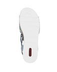 Outsole view of pastel blue Women's Rieker V1241 Backstrap Sandal showing white treaded sole with red Rieker branding for grip and durability.