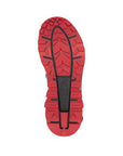 Close-up of the red rubber outsole on the Rieker W0063 sneaker boot, showcasing deep traction lugs for winter grip and durability.
