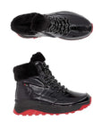 Side and top views of Rieker W0063 women's waterproof winter boot featuring glossy black finish, red tread sole, and warm fur lining.