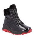 Rieker W0063 sneaker waterproof winter boot for women in black patent with red sole, lace-up design and faux fur collar for cold weather style.