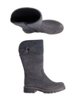 Pair of grey mid boots with a textured cuff and black treaded outsole.