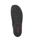 Black light treaded outsole with red Rieker logo on heel.