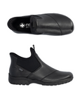 Pair of Black leather slip on ankle boots with accent elastic panels, Rieker logo on black footbed and a black rubber outsole.