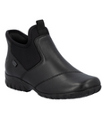 Black leather slip on ankle boot with accent elastic panels and a black rubber outsole.
