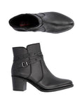A pair of black leather Rieker dressier block heel boots with two studded straps and side buckle and zipper.