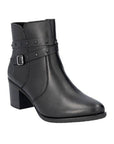 A black leather Rieker dressier block heel boot with two studded straps and side buckle.