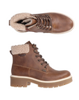 Pair of Brown faux leather ankle boots with beige fur fleece cuff, detailed light stitching, and a tan rubber lugged outsole