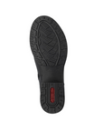 Black rubber light treaded outsole with red Rieker logo on heel.