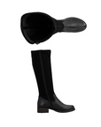 Pair of tall black boots with suede and smooth leather sections, inside zipper and a low block heel.