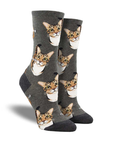 Grey socks with cat face prints, and "boop" wording beside cat's nose.