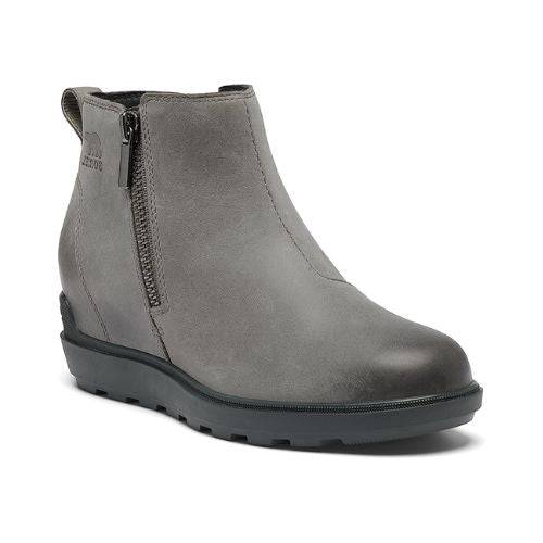 Women's Sorel Evie Zip II Wedge Boot in grey leather with side zipper and wedge heel, designed for comfort and grip in wet conditions.