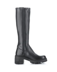 Knee height black leather boots with inside zipper, platform block heel outsole.
