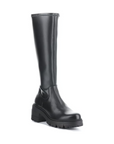 Knee height black leather boot with platform outsole and block heel.