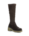 Knee height brown suede boot with platform outsole in beige and a block heel.