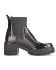 Profile of A marbled dark brown patent heeled Chelsea boot with elastic side goring, a heel pull tab, and thick lugged outsole.