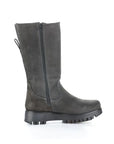 Profile of a tall dark greyish green suede boot with side zipper, heel tab and aggressive black thick rubber outsole.