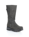 A tall dark greyish green suede boot with side zipper, heel tab and aggressive black thick rubber outsole.