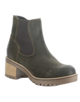 Mercy Chelsea boot in olive. Dark green nubuck uppers, brown elastic goring, beige stitching, and brown outsole with 2.5 inch block heel.