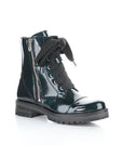 Dark green patent leather combat boot with oversized black lace bow, side zipper and treaded outsole.