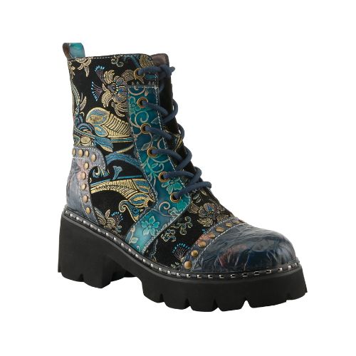 Women's L'Artiste Severity Combat Platform Boot with hand-painted leather, floral patterns, rainbow stitching, and stud inlay on chunky sole.