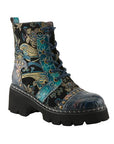 Women's L'Artiste Severity Combat Platform Boot with hand-painted leather, floral patterns, rainbow stitching, and stud inlay on chunky sole.