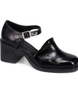 Black leather closed toe heel with a block heel and silver buckle strap
