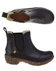 Top and side views of Women's El Naturalista Yggdrasil N158 Chelsea Boot in black, showcasing the ergonomic design and removable insole.