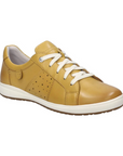 Women's Josef Seibel Caren 01 leather sneaker in mustard yellow with cushioned insole and white lace-up design for all-day walking comfort.