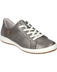 Metallic grey Josef Seibel Caren 01 women's leather sneaker with white laces and shock-absorbing sole for durable, everyday comfort.