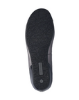 Black shoe outsole with geometric pattern and grey Josef Seibel logo at heel.
