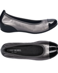 Pair of dark silver leather flat with black patent toe cap, black Josef Seibel logo'd footbed and black rubber outsole.