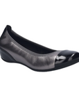 Dark silver leather flat with black patent toe cap and black rubber outsole.