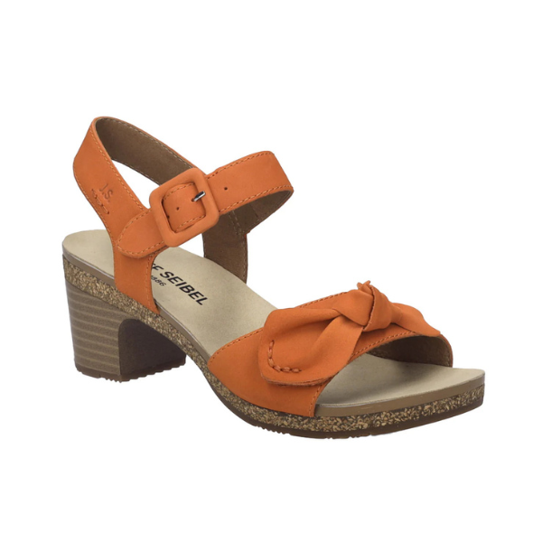The Josef Seibel Grace 11 Orange Sling-Back Sandal features an ankle strap, bow, cork-latex midsole, and adjustable buckle.