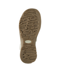 Brown treaded outsole of sandal with Keen logo in middle.