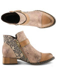 Pair of A beige and brown leather ankle boots with floral details, featuring a side zipper and metal hardware.
