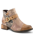 A beige and brown leather ankle boot with floral details, featuring a side zipper and metal hardware.