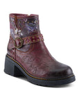 A burgundy ankle boot with hand-painted floral details, a stud inlay, and a rubber platform outsole.