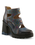 Blue leather sculpted chunky block heel  shoe with hand-painted floral pattern,  cut out accents, 3d floral charms and a zipper at heel.