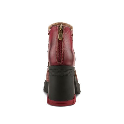 Heel of Red leather sculpted chunky block heel shoe with hand-painted floral pattern, and a zipper at heel.