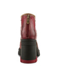 Heel of Red leather sculpted chunky block heel shoe with hand-painted floral pattern, and a zipper at heel.