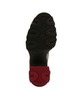 Black Rubber chunky outsole of heeled shoe with red heel accent rubber.