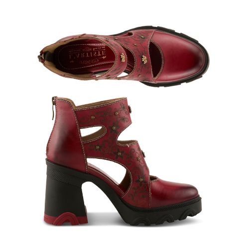 Pair of Red leather sculpted chunky block heel shoes with hand-painted floral pattern, cut out accents, 3d floral charms and a zipper at heel.
