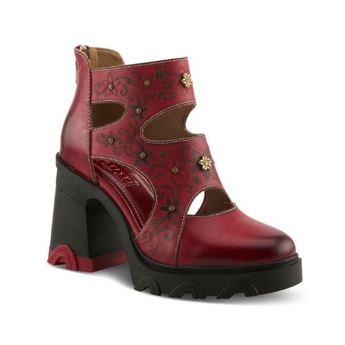 Red leather sculpted chunky block heel shoe with hand-painted floral pattern, cut out accents, 3d floral charms and a zipper at heel.