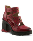 Red leather sculpted chunky block heel shoe with hand-painted floral pattern, cut out accents, 3d floral charms and a zipper at heel.