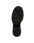 Black rubber outsole with low block heel.