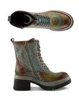 A pair of platform combat boots with a kaleidoscope-inspired design, blue laces, inside zipper and low block heel, lugged rubber outsole..