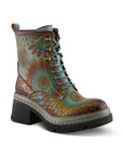 A platform combat boot with a kaleidoscope-inspired design, featuring a mix of multicolor geometric patterns and low block heel, lugged rubber outsole..