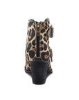 Heel of A leopard print ankle boot with back zipper and a block heel.