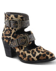 A leopard print ankle boot with open front, two adjustable vintage metal buckles and a block heel.