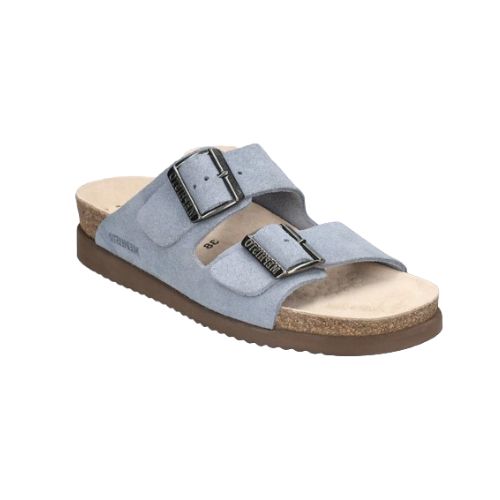 Women's Mephisto Hester Footbed Sandal in light blue with dual adjustable buckled straps and suede-lined cork footbed for shock-absorbing support.
